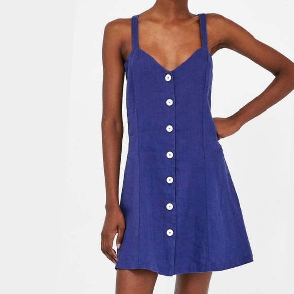 Zara Dresses & Skirts - Zara Blue V Neck Button Front Linen Cotton Summer Beach Mini Dress